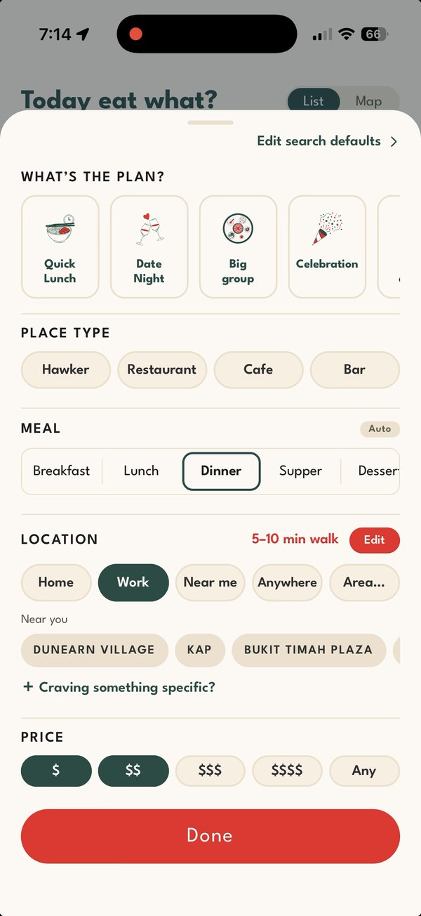 The filter sheet: hawker, dinner, near me, a ten-to-twenty-minute walk, and price bands.