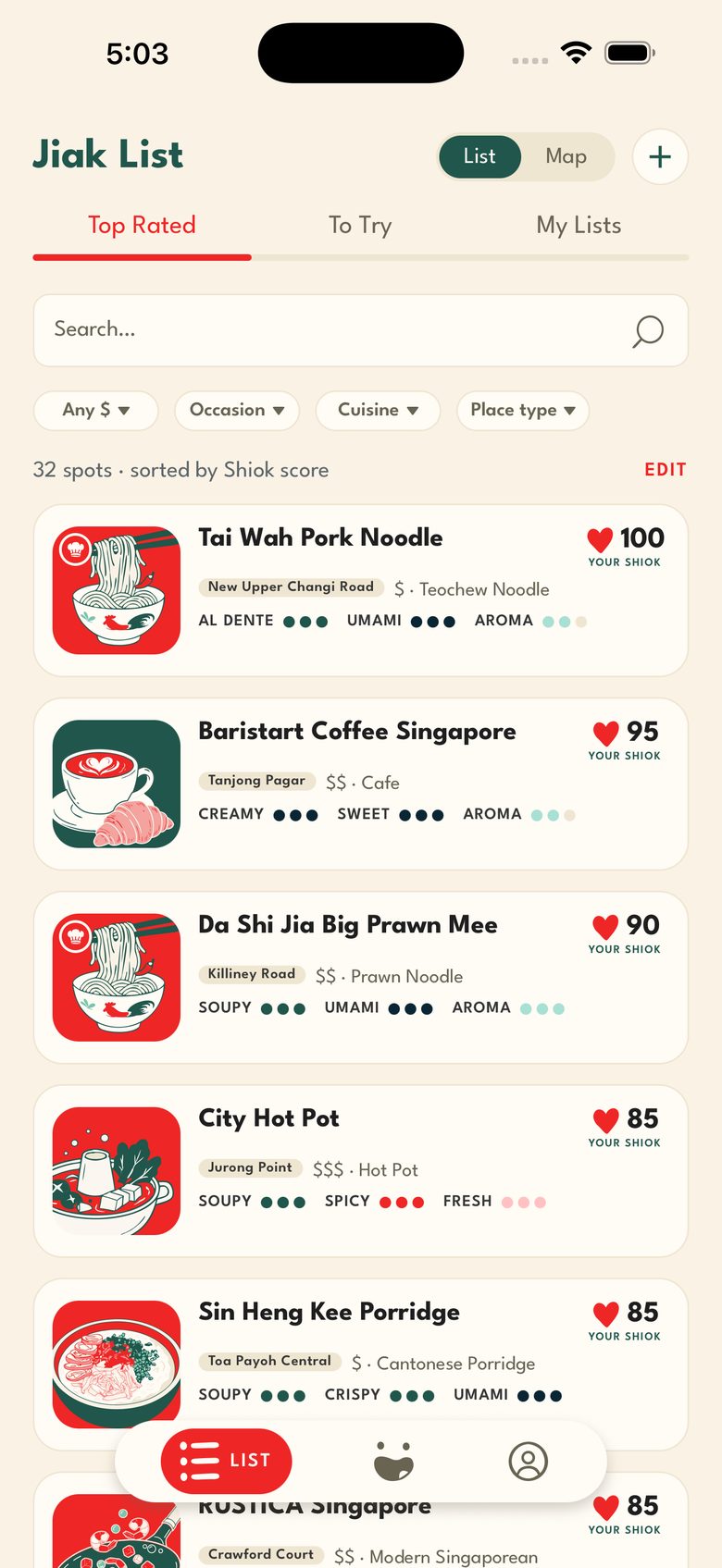 A Jiak List sorted by top rated, thirty-two spots.
