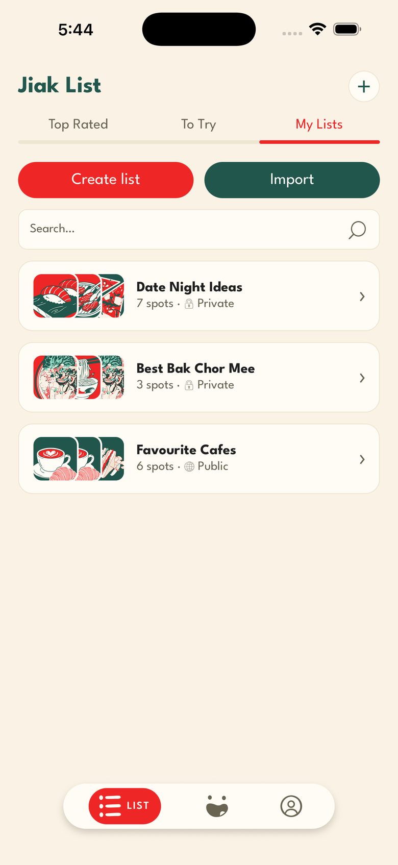 My Lists: three lists, with Create and Import.