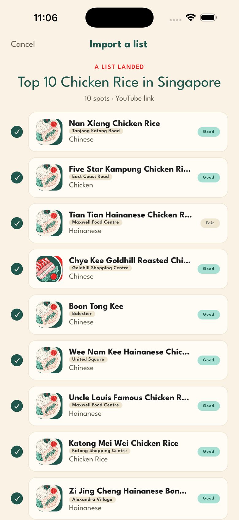 Import: a YouTube video becomes ten chicken rice spots, each scored to your taste.